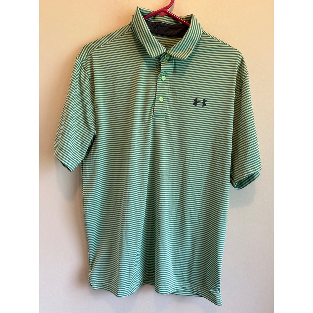 Under Armour Mens HeatGear Striped Polo Shirt Green Large Loose Fit
